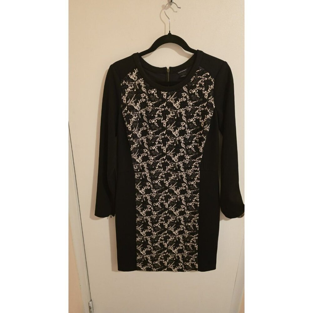 CLUB MONACO Dress Ponte Knit Black Zip Leaf Print Floral Size 12 Cocktail Party